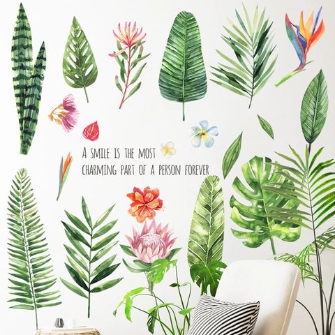 Adesivi Murali Foglie Verdi Tropicali Acquerello Piante Fiori Decalcomanie da Parete per Soggiorno Camera da Letto PVC Autoadesivo Decorazione Casa