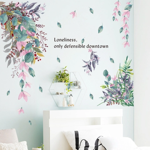 Watercolor Floral Wall Sticker With Quote PVC Waterproof Removable Plant Vine Decal For Living Room Bedroom Home Decor