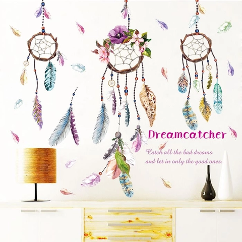 Vinilos Decorativos Atrapasueños Pluma Flor PVC Removible Acuarela Bohemio Pegatinas de Pared para Dormitorio Sala de Estar