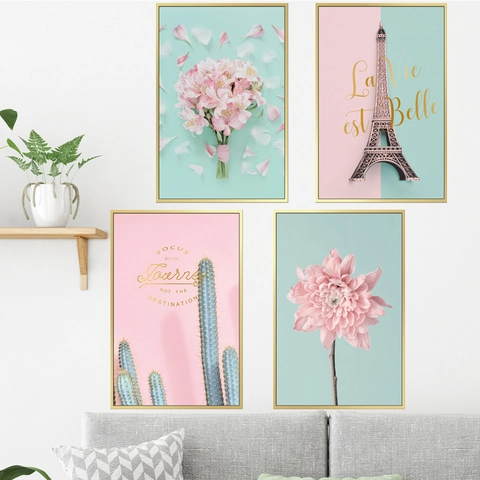 Nordisch Rosa Minzgrün Blume Eiffelturm Kaktus Wandtattoo Set Modern PVC Wasserdicht Deko Für Schlafzimmer Wohnzimmer