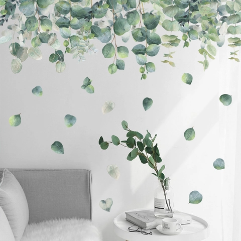 Sticker Mural Nordique Aquarelle Feuilles d'Eucalyptus PVC Imperméable Plante Verte Décoration pour Salon Chambre