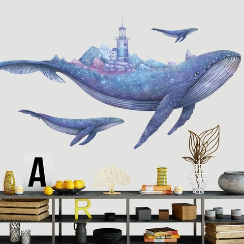 Dreamy Whale Wall Sticker With Lighthouse Mountain Starry Sky Design For Bedroom Living Room Removable PVC Art Wall Decal