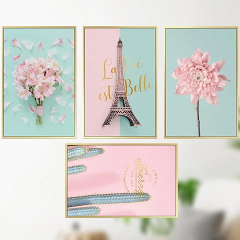 Nordisch Rosa Minzgrün Blume Eiffelturm Kaktus Wandtattoo Set Modern PVC Wasserdicht Deko Für Schlafzimmer Wohnzimmer