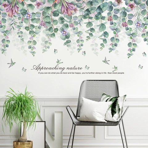 Adesivo Murale Nordico con Foglie di Eucalyptus ad Acquerello per Soggiorno Camera da Letto PVC Impermeabile Autoadesivo Decalcomania con Citazioni Inglesi