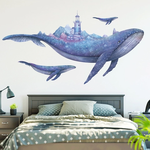 Dreamy Whale Wall Sticker With Lighthouse Mountain Starry Sky Design For Bedroom Living Room Removable PVC Art Wall Decal