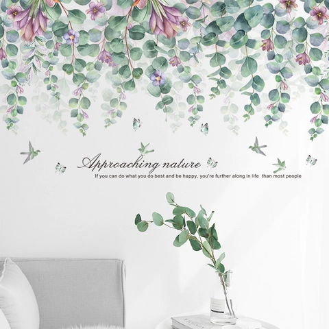 Adesivo Murale Nordico con Foglie di Eucalyptus ad Acquerello per Soggiorno Camera da Letto PVC Impermeabile Autoadesivo Decalcomania con Citazioni Inglesi