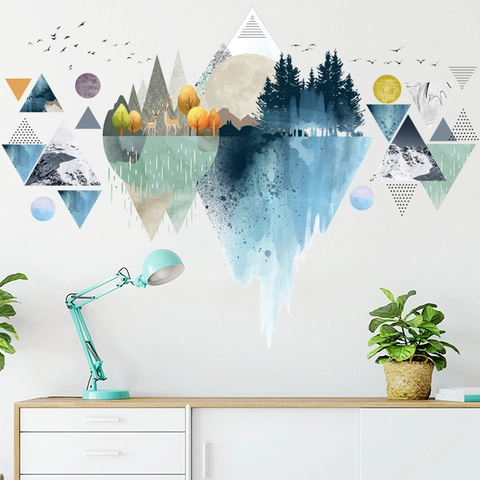 Adesivo da Parete Paesaggio Geometrico Nordico Montagne Moderne Foresta Alce PVC Impermeabile Removibile Arte Murale per Soggiorno