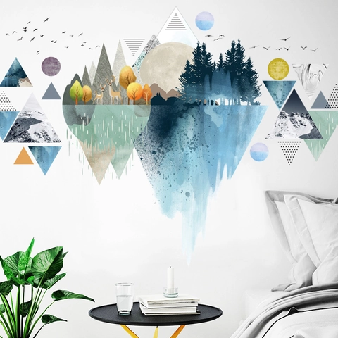 Adesivo da Parete Paesaggio Geometrico Nordico Montagne Moderne Foresta Alce PVC Impermeabile Removibile Arte Murale per Soggiorno