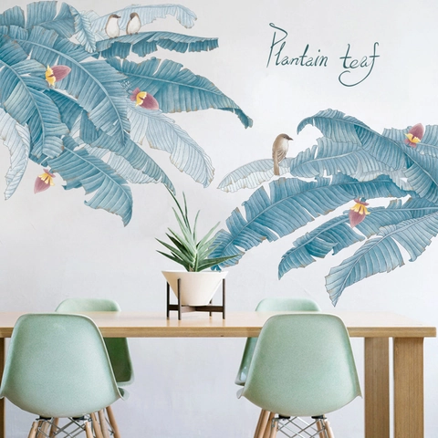 Pegatina de Pared Nórdica de Hoja de Plátano Acuarela Azul Hojas Flores Pájaros Calcomanías de PVC Removibles para Decoración del Hogar