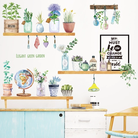 Pegatinas de Pared Plantas en Maceta Acuarela PVC Impermeable Botánico Floral Calcomanías Con Cita Inspiradora Hogar