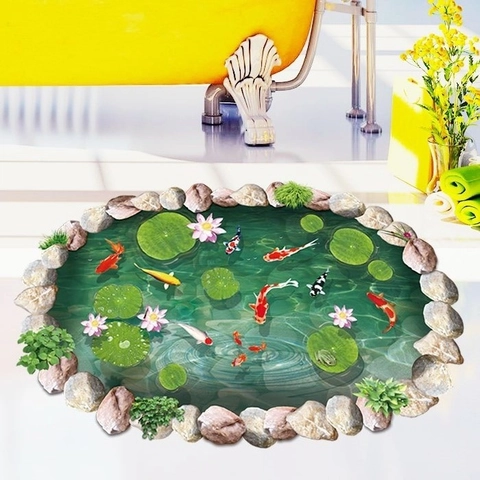 3D Realistisch Koikarpfen Teich Bodenaufkleber Wasserdicht PVC Selbstklebend Wandtattoo Für Badezimmer Wohnzimmer Haus Dekoration