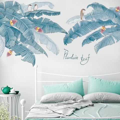Pegatina de Pared Nórdica de Hoja de Plátano Acuarela Azul Hojas Flores Pájaros Calcomanías de PVC Removibles para Decoración del Hogar
