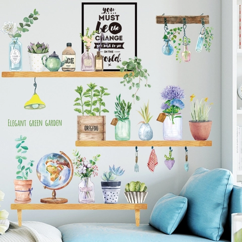 Pegatinas de Pared Plantas en Maceta Acuarela PVC Impermeable Botánico Floral Calcomanías Con Cita Inspiradora Hogar