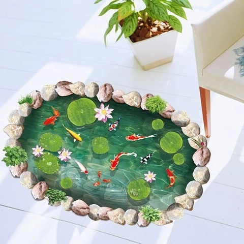 3D Realistisch Koikarpfen Teich Bodenaufkleber Wasserdicht PVC Selbstklebend Wandtattoo Für Badezimmer Wohnzimmer Haus Dekoration
