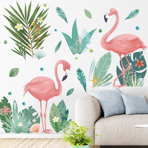 Stickers Muraux Flamant Rose PVC Imperméable Feuilles Tropicales Fleurs Décalcomanies Auto-adhésives pour Salon Chambre Décor