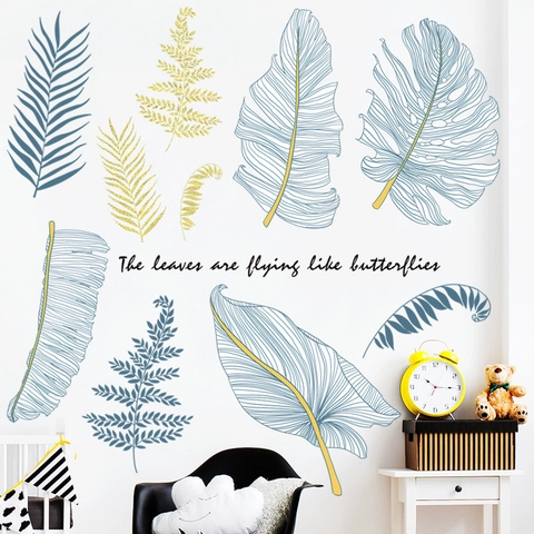 Nordic Style Botanical Leaf PVC Wall Sticker Decorative Morandi Blue Gold Shimmer Plant Mural For Living Room Bedroom