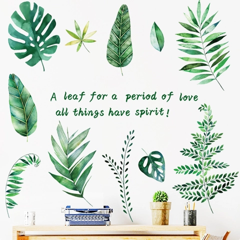 Tropische Groene Bladeren Muursticker Aquarel Plant PVC Waterdicht Muursticker Voor Woonkamer Slaapkamer Home Decor