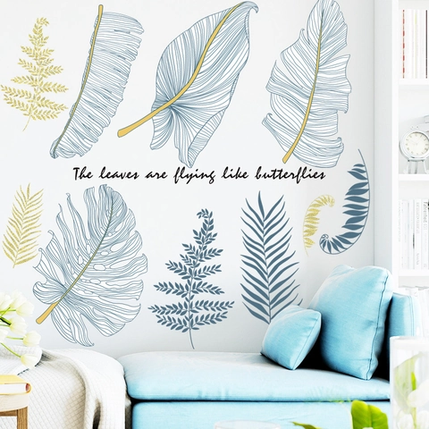 Nordic Style Botanical Leaf PVC Wall Sticker Decorative Morandi Blue Gold Shimmer Plant Mural For Living Room Bedroom