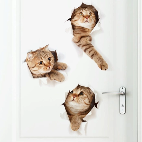 3D Visual Effect Cat Wall Stickers Waterproof PVC Creative Animal Decals For Toilet Bathroom Living Room Home Decor