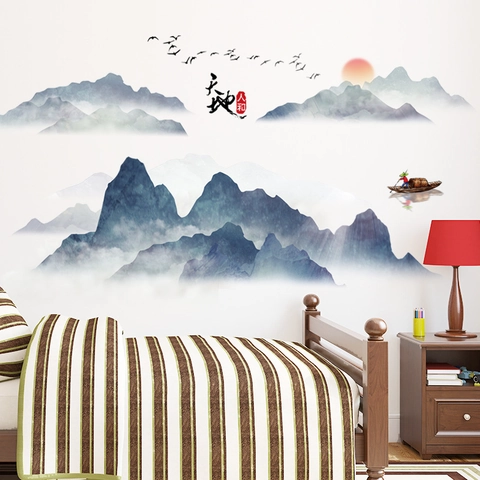 Adesivo Murale Paesaggio Inchiostro Stile Cinese Carta Parati Autoadesiva PVC Montagna Sole Uccello Per Soggiorno Camera Decor