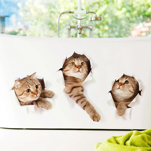 3D Visual Effect Cat Wall Stickers Waterproof PVC Creative Animal Decals For Toilet Bathroom Living Room Home Decor