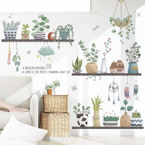 Pegatinas de Pared de Plantas Verdes en Macetas en Acuarela Calcomanías de PVC Removibles Para Sala de Estar Dormitorio Decoración