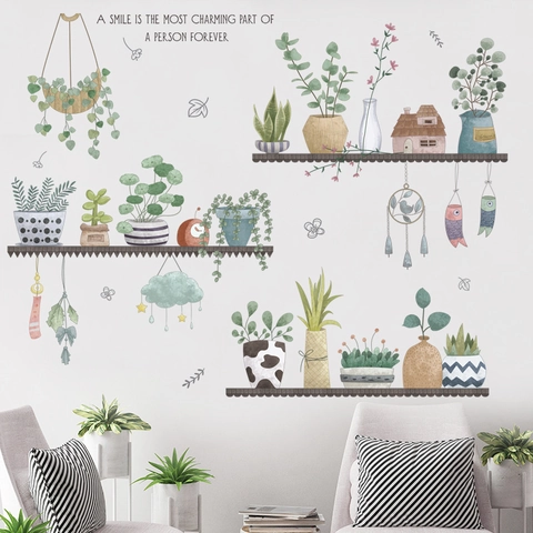 Pegatinas de Pared de Plantas Verdes en Macetas en Acuarela Calcomanías de PVC Removibles Para Sala de Estar Dormitorio Decoración