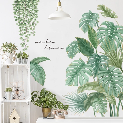 Adesivi Murali Piante Tropicali Monstera Nordici Foglie Verdi Murales Autoadesivo in PVC per Soggiorno Camera da Letto Decorazioni Casa