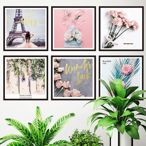 Pegatinas de Pared Rosa Torre Eiffel PVC Impermeable Estético Romántico Floral Calcomanías para Dormitorio Decoración Hogar