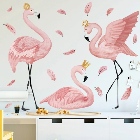 Pegatinas de Pared de Flamenco Rosa Con Corona Dorada PVC Impermeable Removible Autoadhesivo Calcomanías de Pared Dormitorio