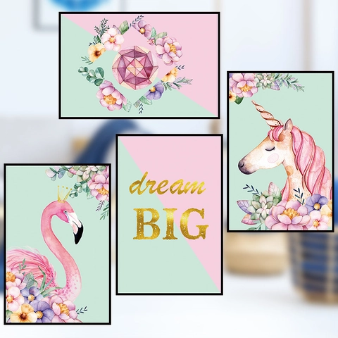 Nordisch Aquarell Flamingo Einhorn Wandtattoo Dream Big Zitat Rosa PVC Wasserdicht Aufkleber Für Kinderzimmer Schlafzimmer