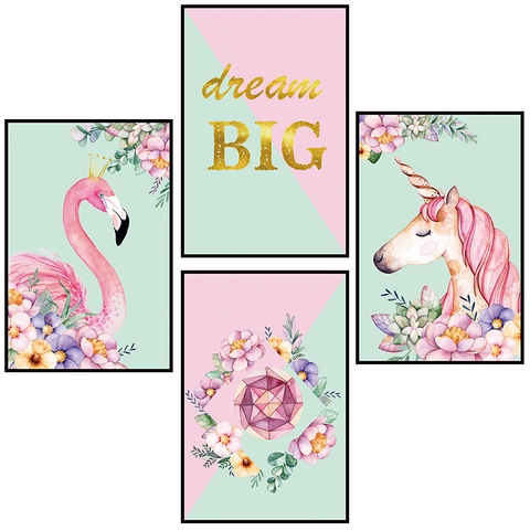 Nordisch Aquarell Flamingo Einhorn Wandtattoo Dream Big Zitat Rosa PVC Wasserdicht Aufkleber Für Kinderzimmer Schlafzimmer