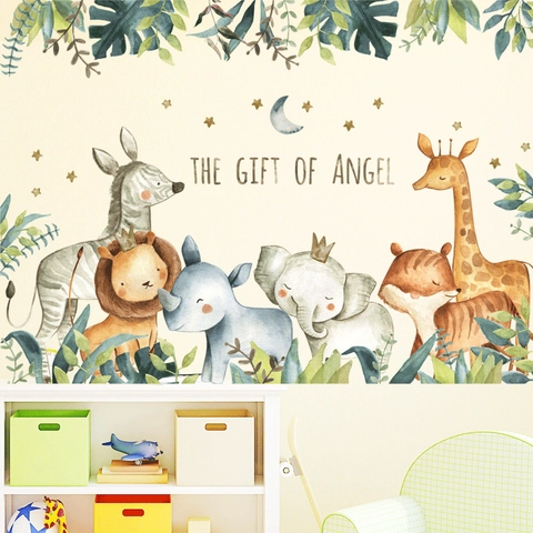 Watercolor Animal Wall Stickers For Kids Room Cartoon Lion Giraffe PVC Removable Nursery Decor Gift Of Angel Wall Decals