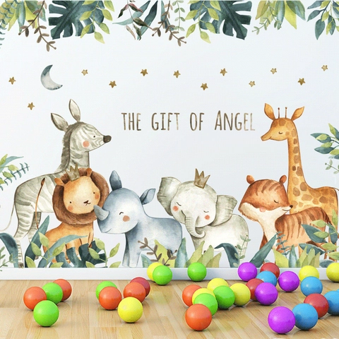 Watercolor Animal Wall Stickers For Kids Room Cartoon Lion Giraffe PVC Removable Nursery Decor Gift Of Angel Wall Decals