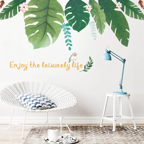 Tropisches Monstera Palmenblatt Wandtattoo Mit Rosa Blume Vogel Enjoy The Leisurely Life PVC Wasserdichtes Wandbild