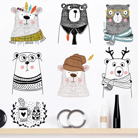 Nordisch Cartoon Bär Kaffee Thema Wandaufkleber PVC Wasserdicht DIY Selbstklebend Kunst Aufkleber Für Kinderzimmer Deko