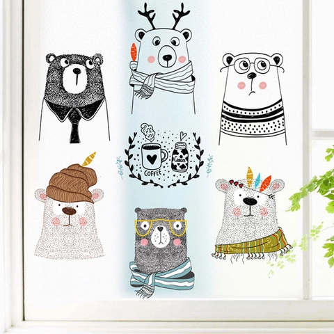 Nordisch Cartoon Bär Kaffee Thema Wandaufkleber PVC Wasserdicht DIY Selbstklebend Kunst Aufkleber Für Kinderzimmer Deko