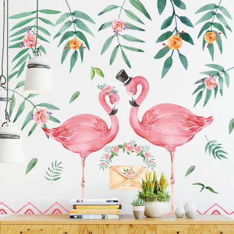 Watercolor Pink Flamingo Wall Stickers Tropical Leaves Rose PVC Removable Self Adhesive Wall Decals For Bedroom Living Room Nursery INS Style Home Decor