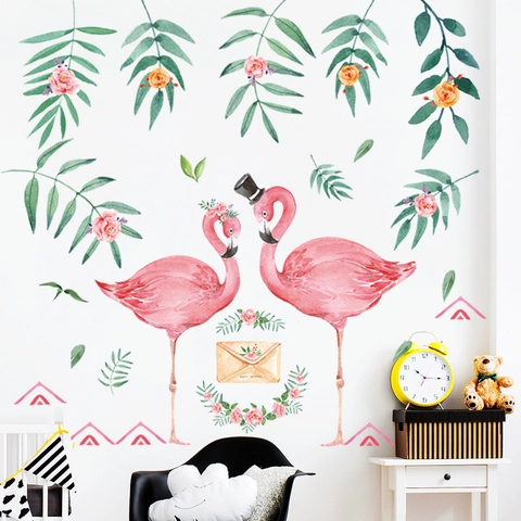 Watercolor Pink Flamingo Wall Stickers Tropical Leaves Rose PVC Removable Self Adhesive Wall Decals For Bedroom Living Room Nursery INS Style Home Decor