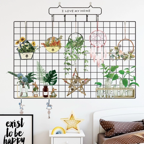 Nordic Style PVC Self Adhesive Wall Sticker Iron Mesh Grid Dreamcatcher Floral Pattern Removable Decor For Bedroom Living Room
