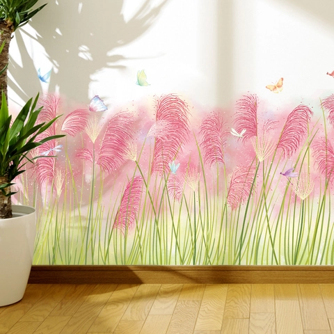 Rosa Haargras Wandaufkleber Aquarell Blumen Sockelleiste Aufkleber Traumhafte Schilf Schmetterlinge PVC Selbstklebend