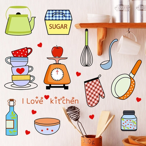 Cartoon Kitchen Theme Wall Stickers PVC Self-Adhesive Removable Decals For Refrigerator Cabinet Tiles DIY Home Decor Art