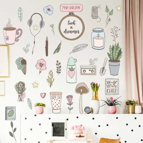 Mori Girl Style Wall Stickers Waterproof PVC Hand Drawn Kitchen Tile Decals Artistic Illustration Self Adhesive Room Decor
