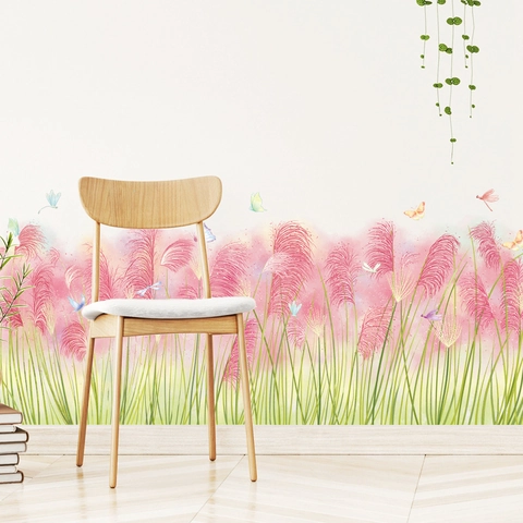 Rosa Haargras Wandaufkleber Aquarell Blumen Sockelleiste Aufkleber Traumhafte Schilf Schmetterlinge PVC Selbstklebend