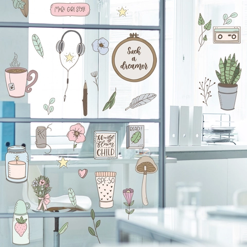 Mori Girl Style Wall Stickers Waterproof PVC Hand Drawn Kitchen Tile Decals Artistic Illustration Self Adhesive Room Decor