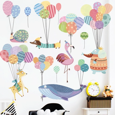 Cute Cartoon Animal Balloon Wall Stickers PVC Nursery Decals For Kids Room Playroom Classroom DIY Self-Adhesive Wall Decor