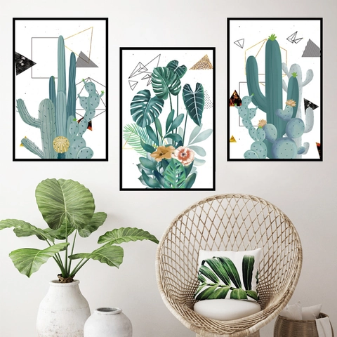 Adhesivo de Pared de Estilo Nórdico Plantas Suculentas Cactus Monstera Impermeable PVC Autoadesivo Removible para Sala de Estar