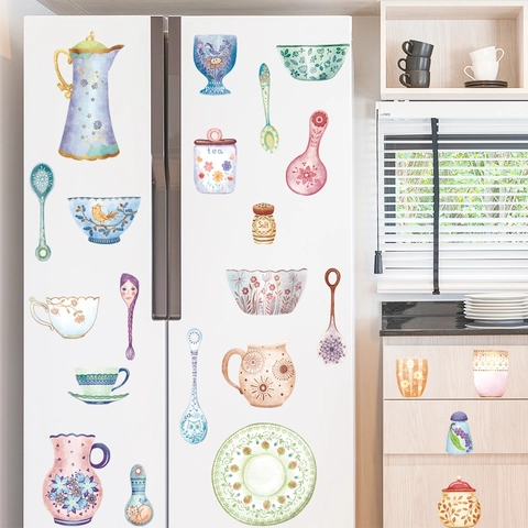 Pegatinas de Pared de Cocina de PVC Impermeable Acuarela Dibujado a Mano Utensilios de Cocina Para Refrigerador Muebles Flores