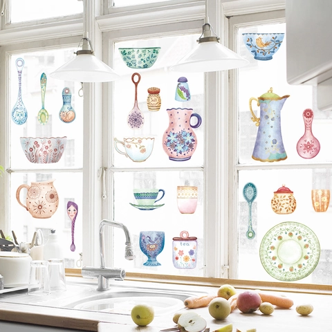 Pegatinas de Pared de Cocina de PVC Impermeable Acuarela Dibujado a Mano Utensilios de Cocina Para Refrigerador Muebles Flores