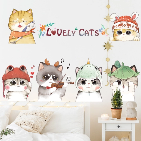 Süße Cartoon Katze Wandaufkleber PVC Abnehmbare Handgemalte Aquarell Tier Aufkleber Für Kinderzimmer Wohnzimmer Deko